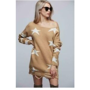 Star Print Distressed Boat Neck Sweater
